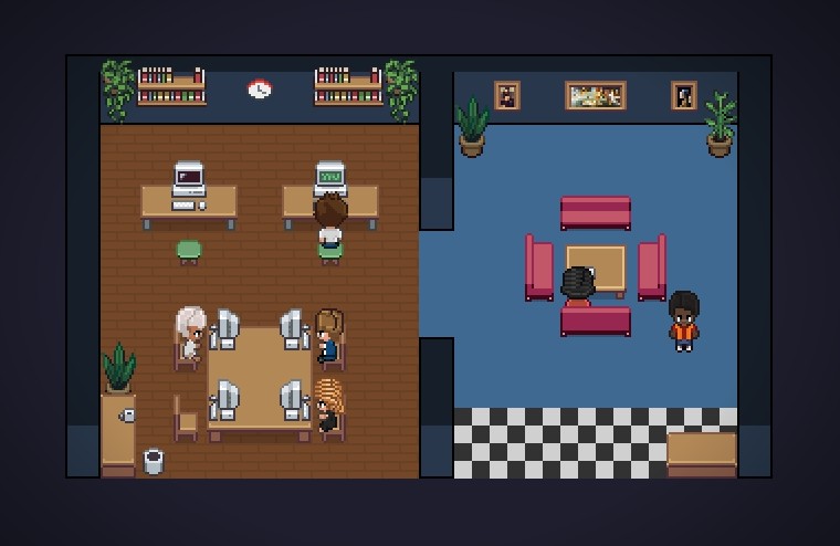 Vue pixel art d'un observatoire avec postes de travail, war room et agents visibles.